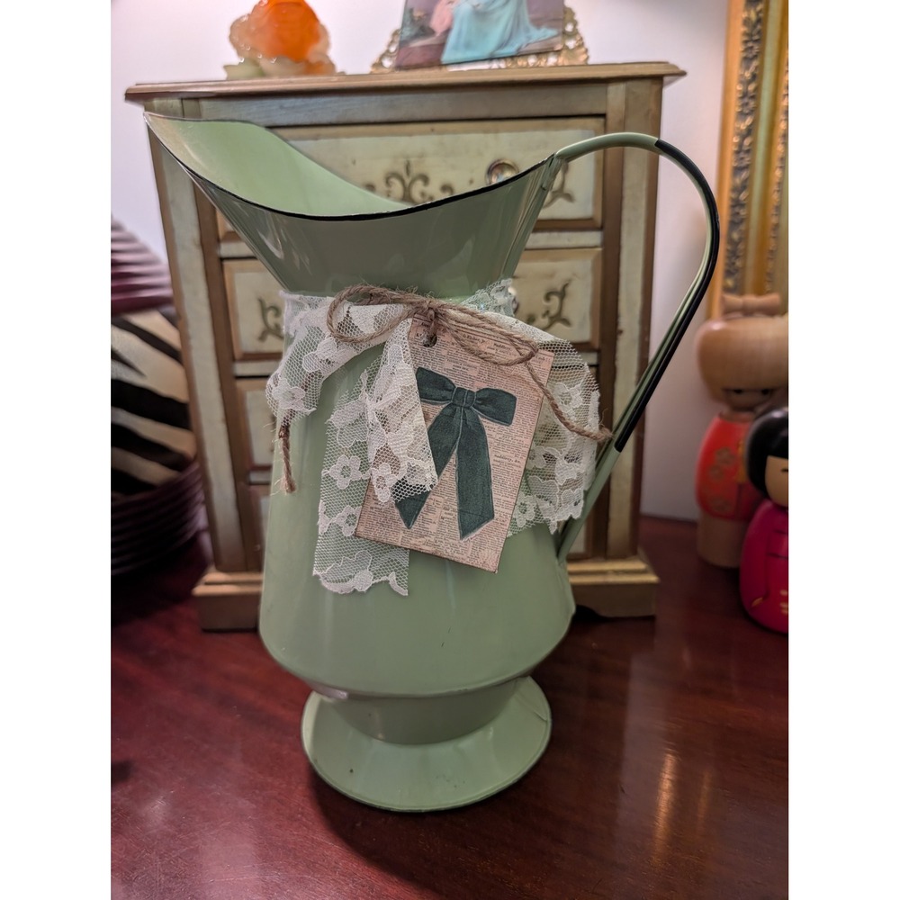 Sage Green Metal Farmhouse Pitcher Vase with Lace Trim and Bow Tag 12x8